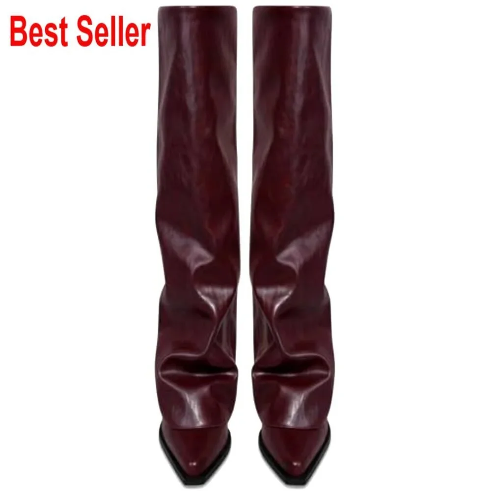 Faux Leather Over the Knee Boots with Chunky Heel and Pointed Toe